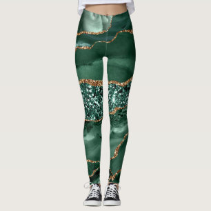 Elegant Green and Gold Glitter Ocean Agate Leggings