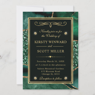 Elegant Green and Gold Glitter Ocean Agate Wedding Invitation