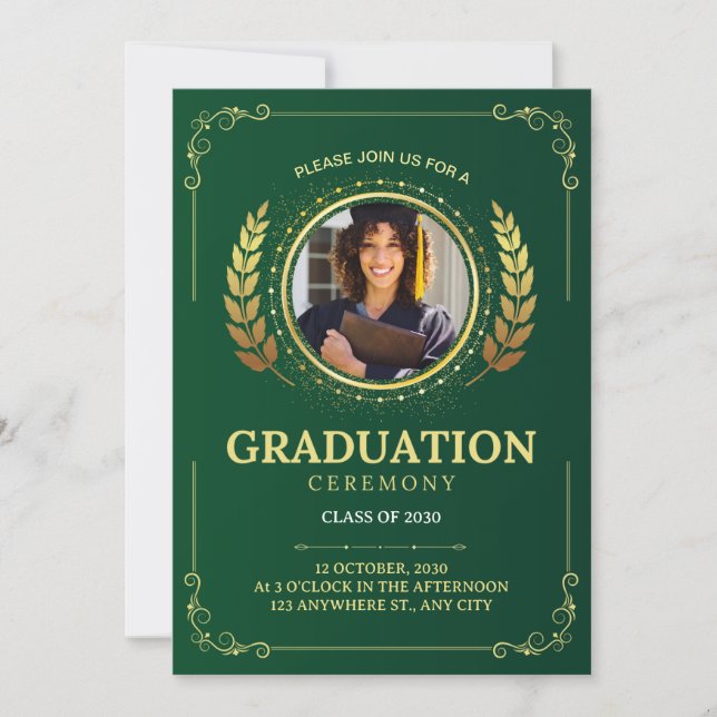 Elegant Green and Gold Graduation Ceremony  Invitation (Front)