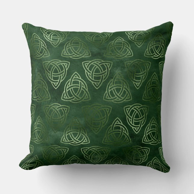 Elegant Green and Gold Irish Celtic Pattern Cushion (Front)