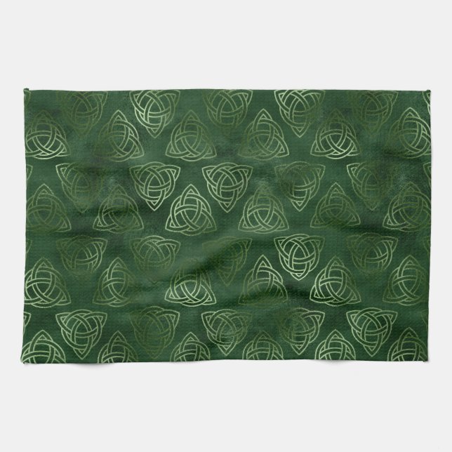 Elegant Green and Gold Irish Celtic Pattern Tea Towel (Horizontal)