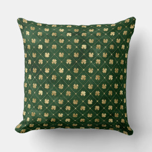 Elegant Green and Gold Irish Shamrock Clover Cushion