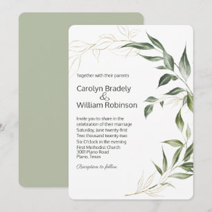 Elegant Green and Gold Leaves Wedding Invitation