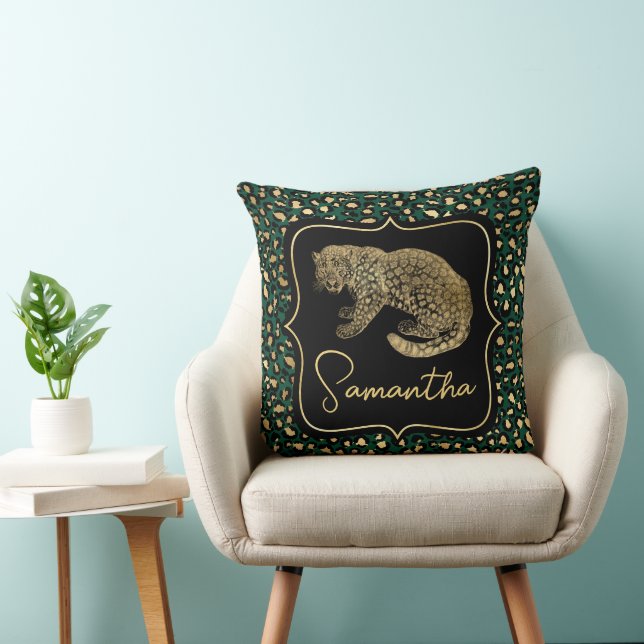 Elegant Green and Gold Leopard and Spots Pattern Cushion (Chair)