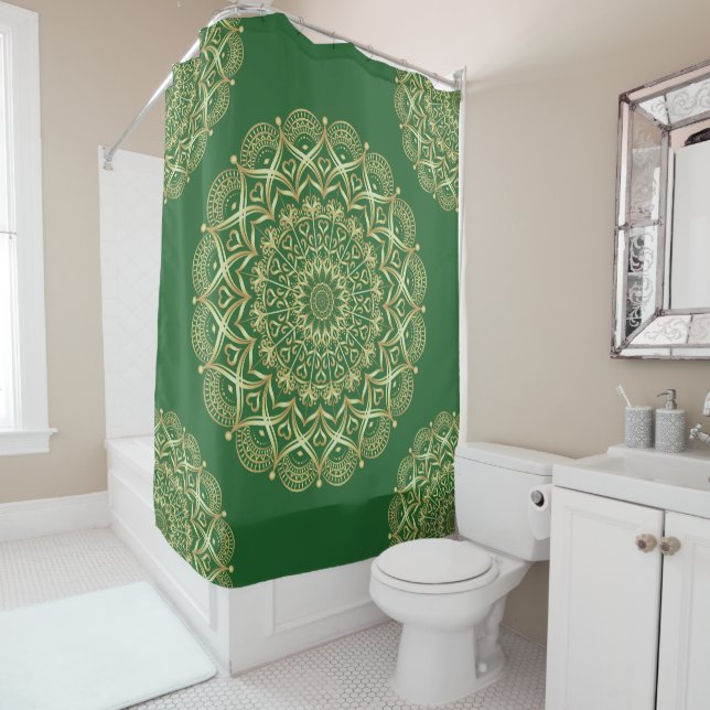 Elegant Green and Gold Mandala Shower Curtain (In Situ)