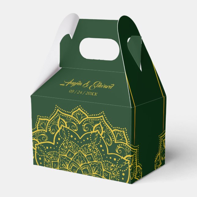 Elegant Green And Gold Mandala Wedding Favour Box (Front Side)