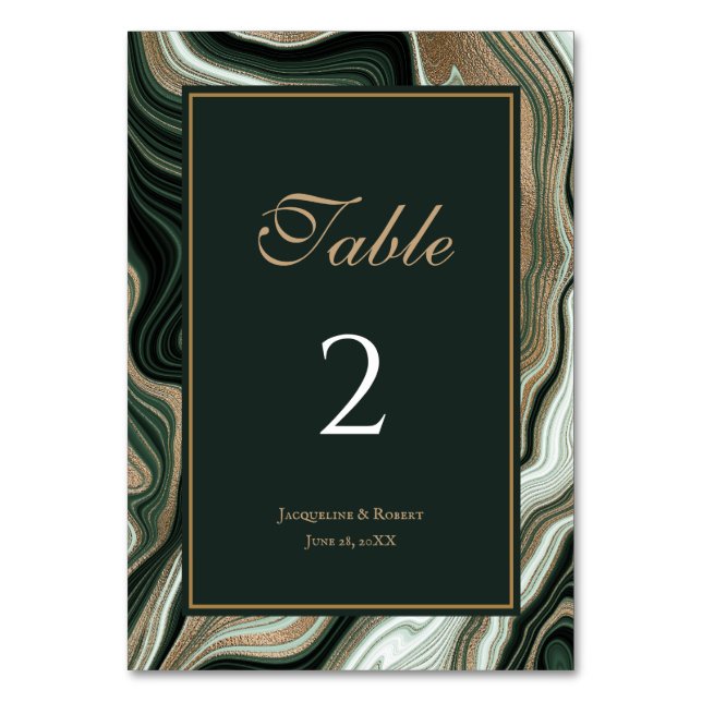 Elegant Green and Gold Marble Wedding  Table Number (Front)