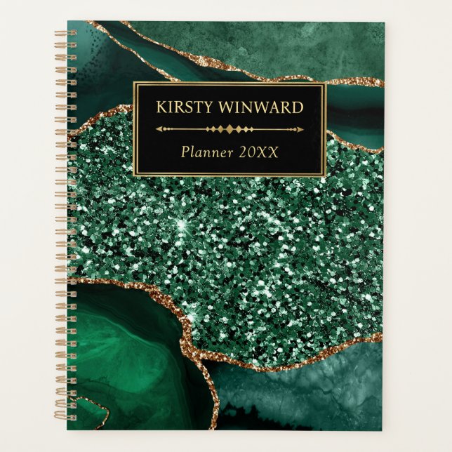 Elegant Green and Gold Ocean Glitter Agate Planner (Front)