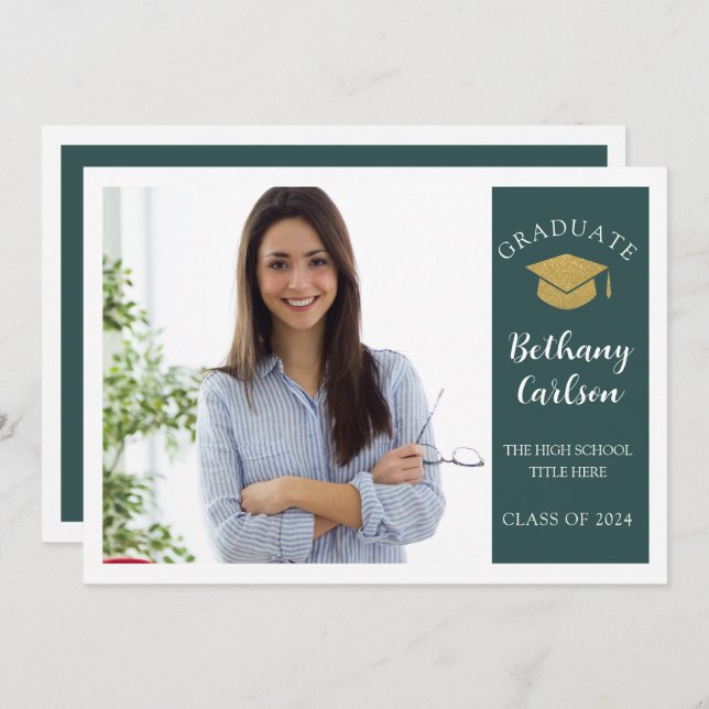 Elegant Green and Gold Photo Graduation Party Invitation (Front/Back)