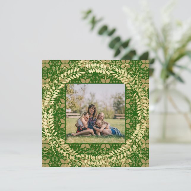 Elegant Green and Gold Photo Holiday Card (Standing Front)