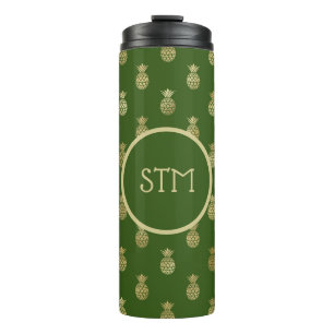 Elegant Green and Gold Pineapple Monogram Thermal Tumbler