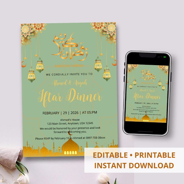 Elegant Green and Gold Ramadan Iftar Dinner Invitation (Creator Uploaded)
