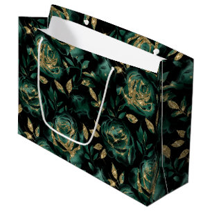 Elegant Green and Gold Rose Floral Pattern Large Gift Bag