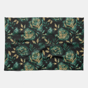 Elegant Green and Gold Rose Floral Pattern Tea Towel