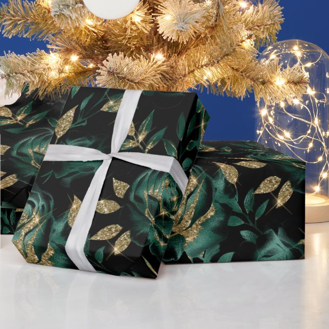 Elegant Green and Gold Rose Floral Pattern Wrapping Paper (Holidays)