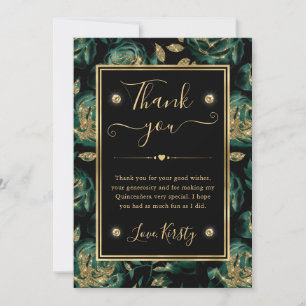 Elegant Green and Gold Rose Floral Quinceanera Thank You Card