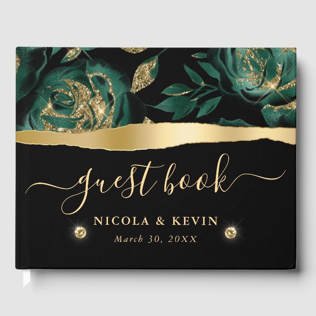 Elegant Green and Gold Rose Floral Wedding Guest Book (Front)