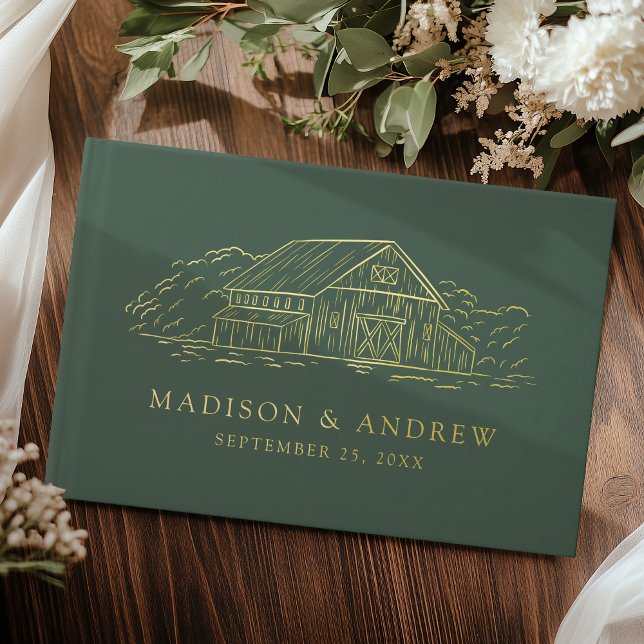 Elegant Green and Gold Rustic Barn Photo Wedding Guest Book (Creator Uploaded)