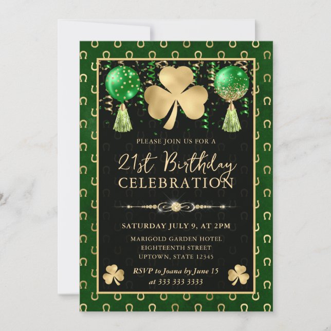 Elegant Green and Gold Shamrock 21st Birthday Invitation (Front)