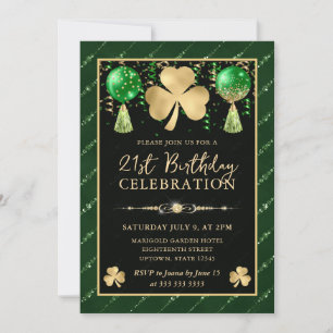 Elegant Green and Gold Shamrock 21st Birthday Invitation