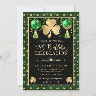 Elegant Green and Gold Shamrock 21st Birthday Invitation