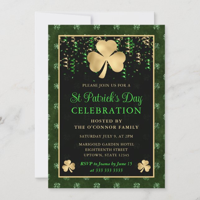 Elegant Green and Gold Shamrock St Patrick's Day Invitation (Front)
