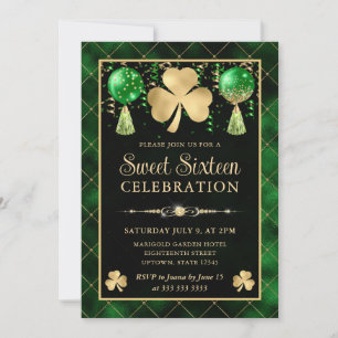 Elegant Green and Gold Shamrock Sweet Sixteen Invitation