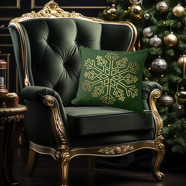 Elegant Green and Gold Snowflake Decorative  Cushion (Vintage Elegant Decorative Green and Gold Throw Pillow
)