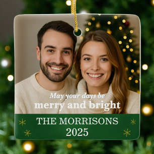 Elegant Green and Gold Snowflake Family Photo Ceramic Ornament