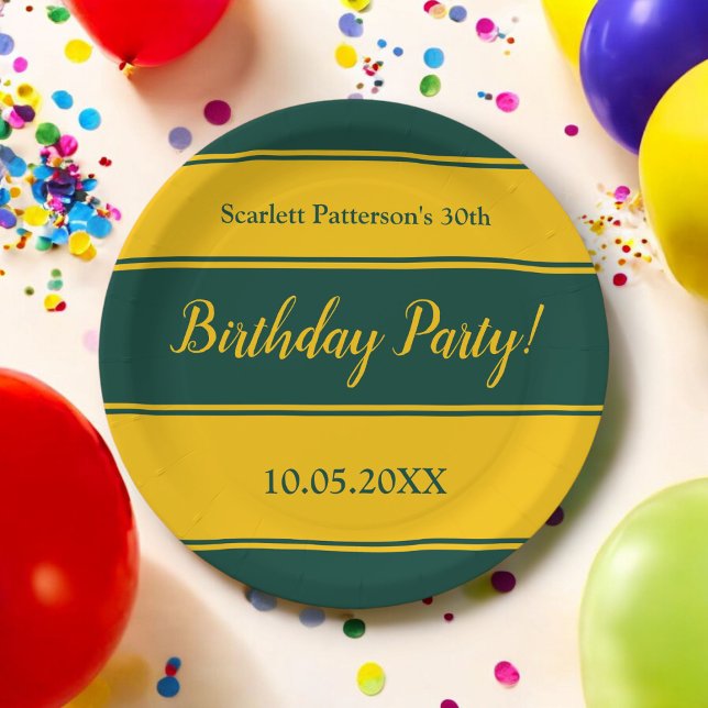 Elegant Green And Gold Stripes Modern Birthday Paper Plate (Creator Uploaded)
