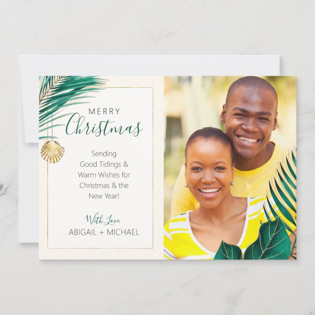 Elegant Green and Gold Tropical Christmas Photo Holiday Card (Front)