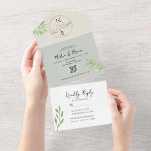 Elegant Green and Gold Wedding All In One Invitation