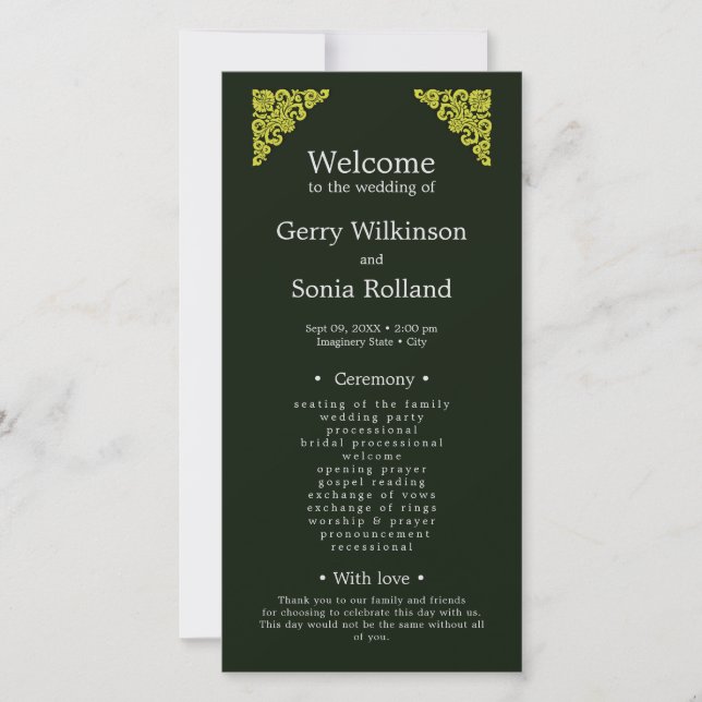 Elegant Green and Gold Wedding Program (Front)
