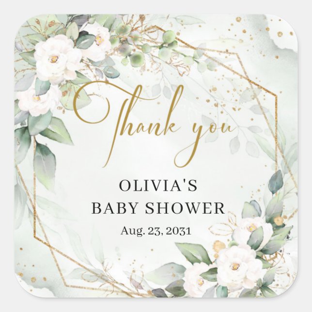 Elegant green and gold white flowers Baby Shower Square Sticker (Front)