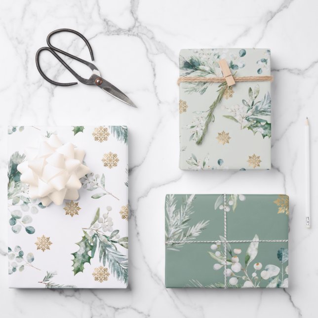 Elegant Green and Gold Winter Greenery Christmas Wrapping Paper Sheet (Front)