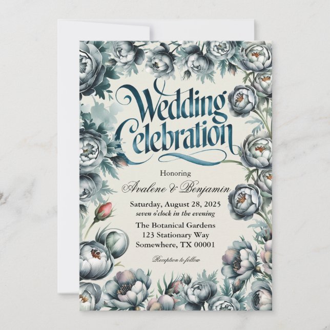 Elegant Green and Grey Bouquet Wedding Celebration Invitation (Front)
