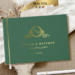Elegant Green and Real Foil Monogram Wedding Guest Book<br><div class="desc">Personalise this elegant monogrammed wedding guestbook featuring real gold, silver, or rose gold foil on exquisite monogram and front, spine, and back text. Green cover background colour in a luxurious velvety-soft texture, and beautiful modern calligraphy details in a clean, minimal, and sleek style. Three size options with three inside paper-type...</div>
