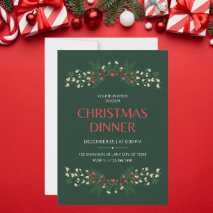 Elegant Green and Red Floral Christmas Dinner Invitation