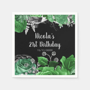 Elegant Green and Silver Flowers Birthday Party  Napkin