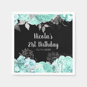Elegant Green and Silver Flowers Birthday Party Napkin