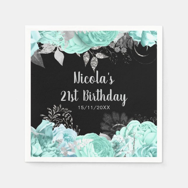 Elegant Green and Silver Flowers Birthday Party Napkin (Front)