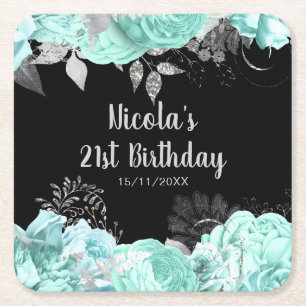 Elegant Green and Silver Flowers Birthday Party Square Paper Coaster