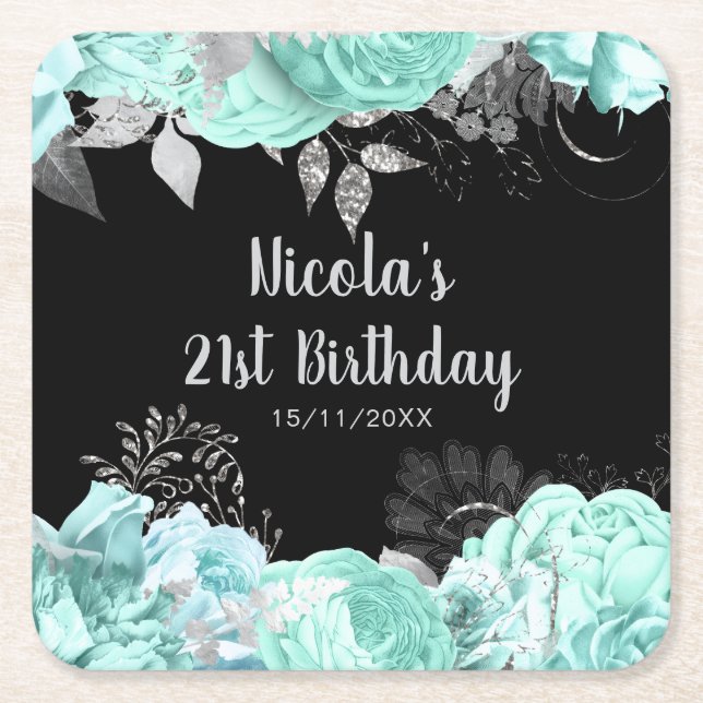 Elegant Green and Silver Flowers Birthday Party Square Paper Coaster (Front)