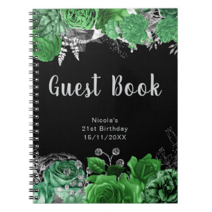 Elegant Green and Silver Flowers Guest Book