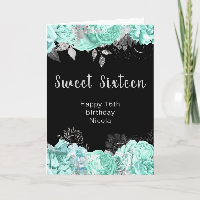 Elegant Green and Silver Flowers Sweet Sixteen Card (Front)