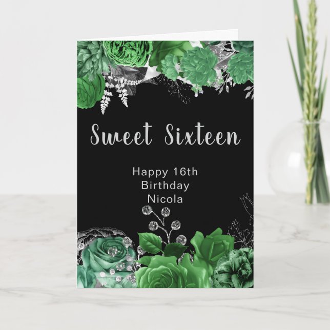 Elegant Green and Silver Flowers Sweet Sixteen   Card (Front)