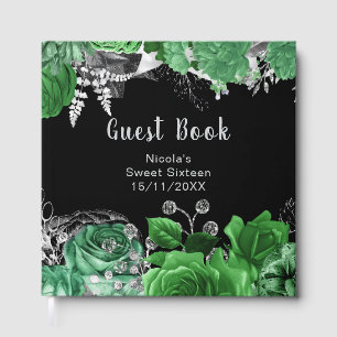 Elegant Green and Silver Flowers Sweet Sixteen Guest Book