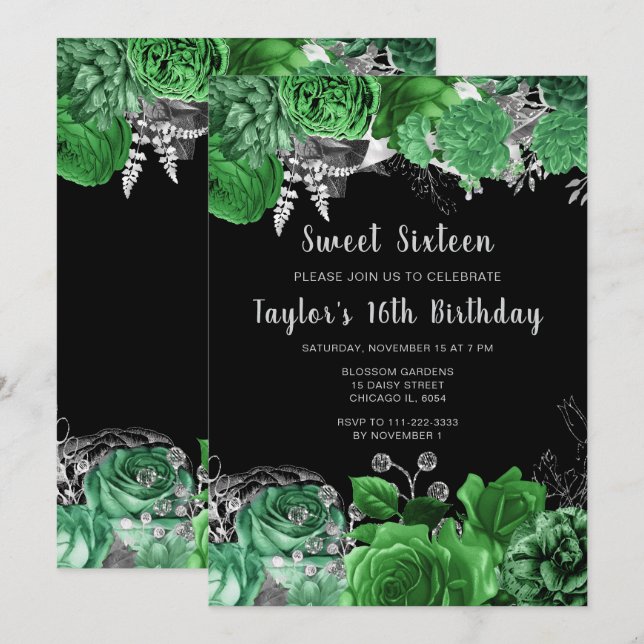 Elegant Green and Silver Flowers Sweet Sixteen Invitation (Front/Back)