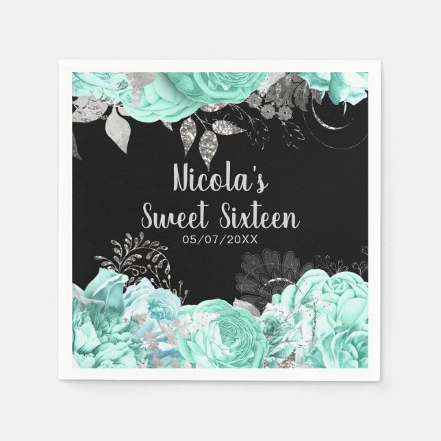 Elegant Green and Silver Flowers Sweet Sixteen Napkin (Front)