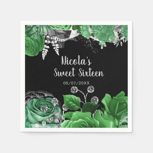 Elegant Green and Silver Flowers Sweet Sixteen  Napkin (Front)